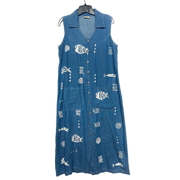 Vintage Magic Nepal Chambray Denim Button Up Dress Painted Design Fish Large - Picture 1 of 7